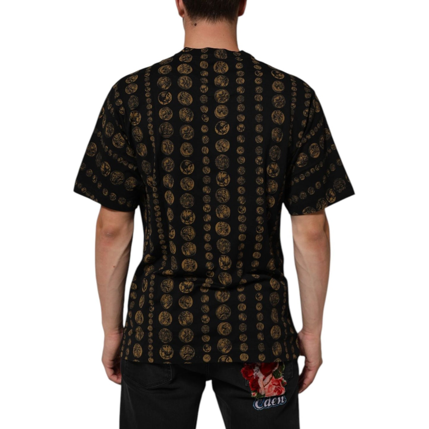 Back view of a Dolce & Gabbana Black Cotton Coin Print Crew Neck T-shirt, featuring a stylish coin pattern, short sleeves, and regular fit.