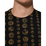 Dolce & Gabbana Black Cotton Coin Print Crew Neck T-shirt featuring gold coin graphics on a black background with classic crew neck.