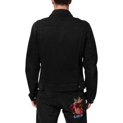 Back view of Dolce & Gabbana Black Cotton Denim Stretch Button Up Jacket with embroidered detail, featuring modern tailored seams.