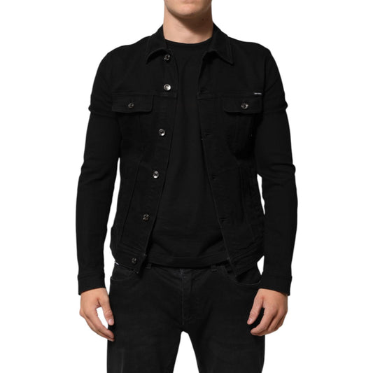 Dolce & Gabbana Black Cotton Denim Stretch Button Up Jacket worn by model with button closure and chest pockets.