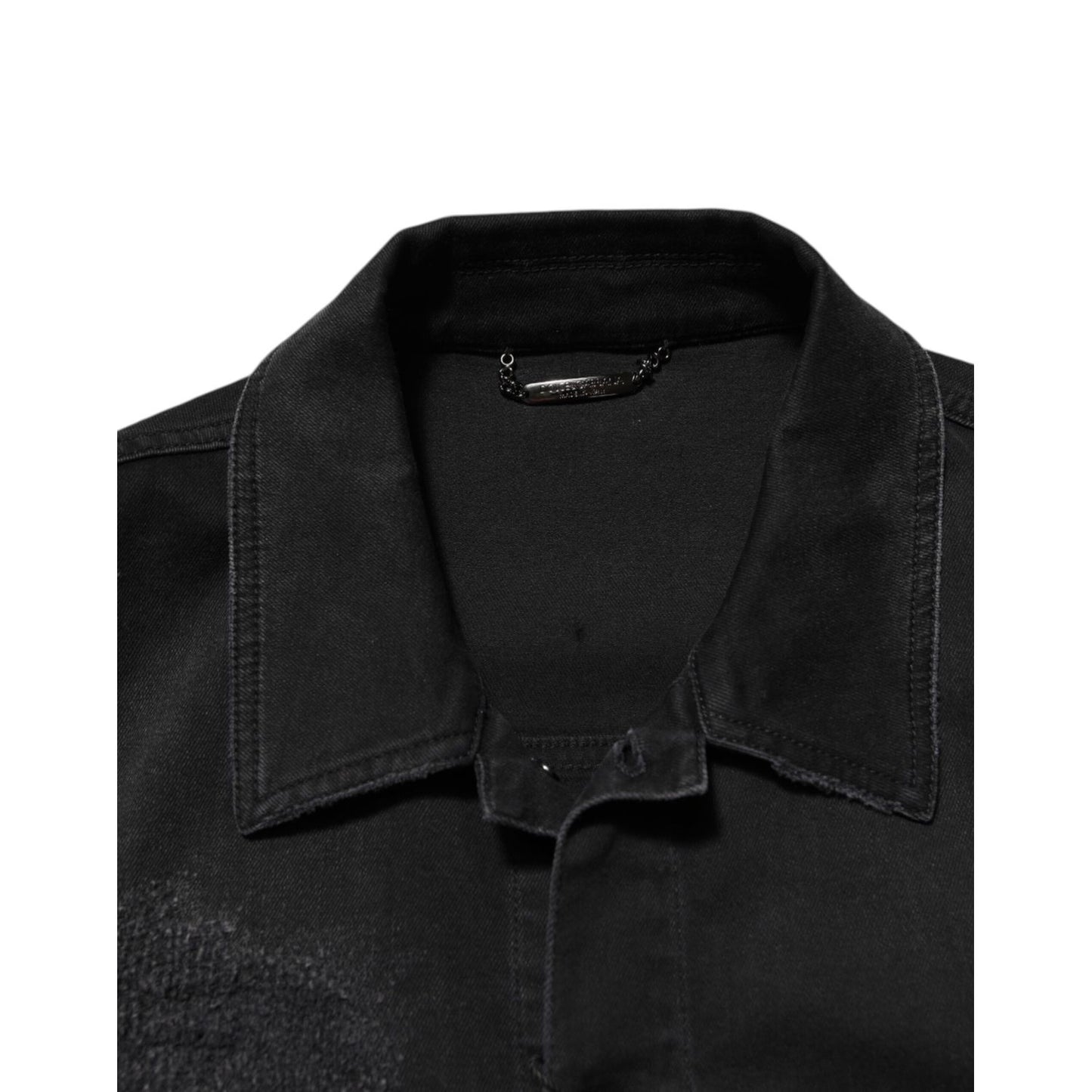 Dolce & Gabbana Black Cotton Denim Stretch Button Up Jacket with collar detail, classic button-front, made in Italy, premium quality.