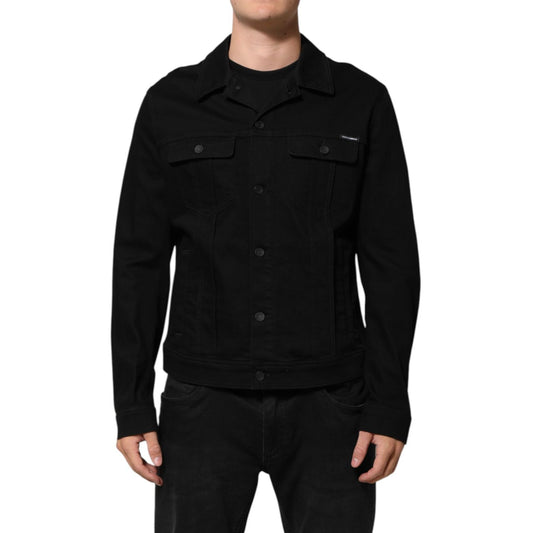 Dolce & Gabbana Black Cotton Denim Stretch Giubbotto Jacket - Italian-made, tailored fit, button closure, stylish design.
