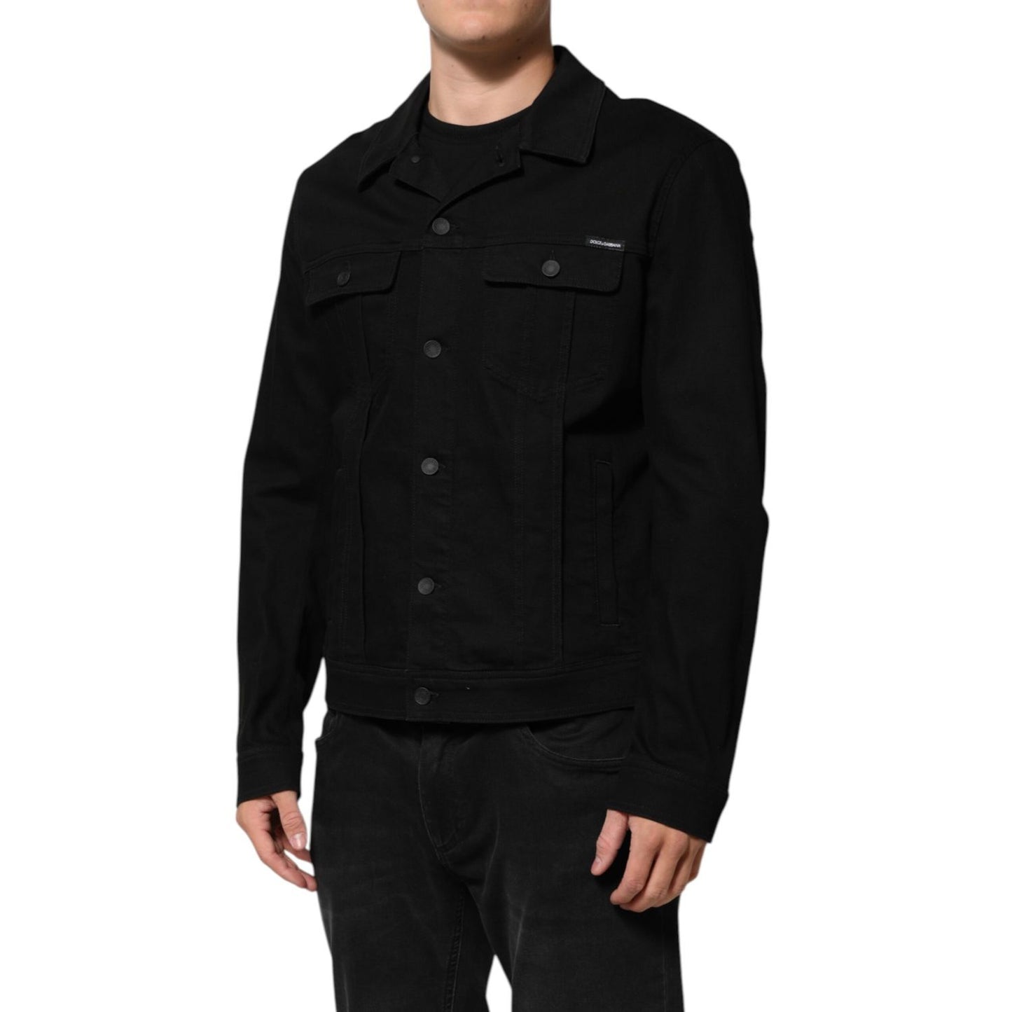 Dolce & Gabbana Black Cotton Denim Stretch Giubbotto Jacket with button closure and chest pockets, made in Italy.