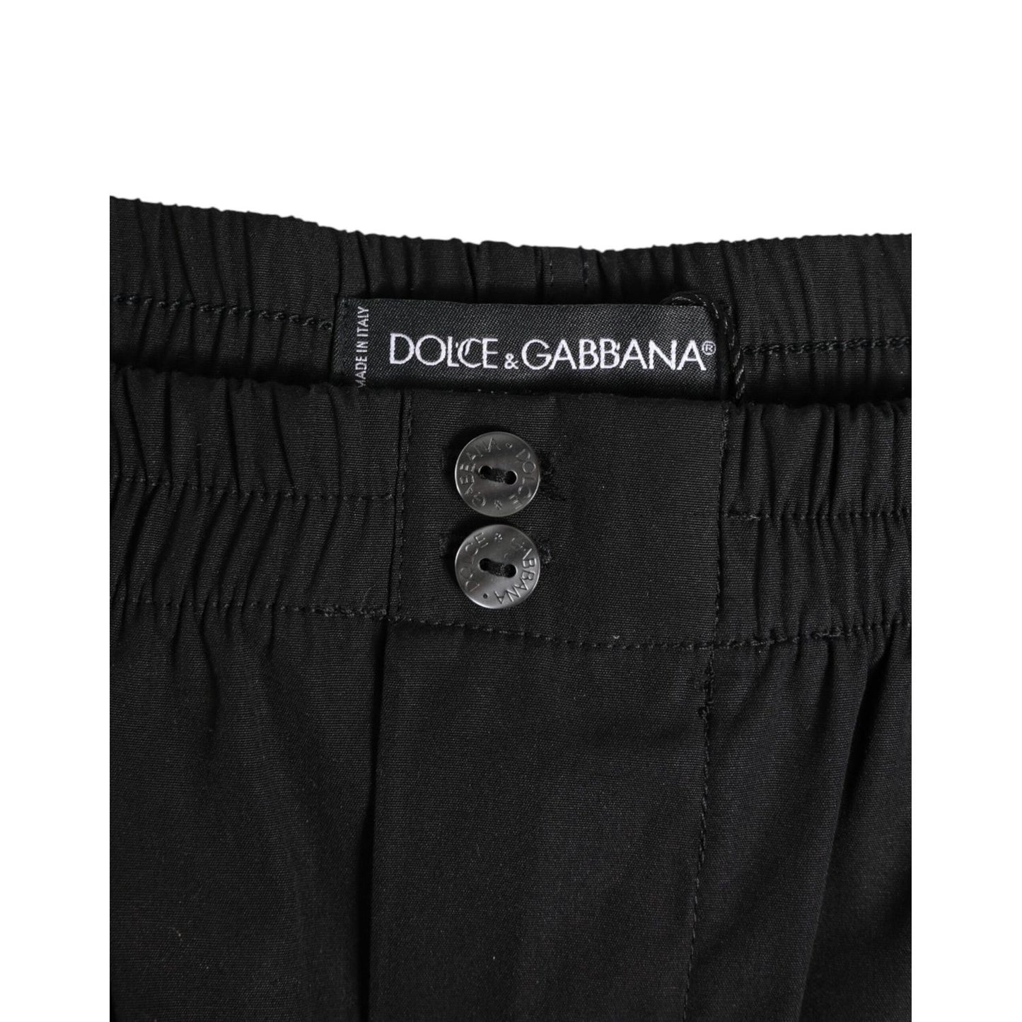 Dolce & Gabbana Black Cotton Elastic Waistband Button Swimwear showcasing elastic band and button detail.