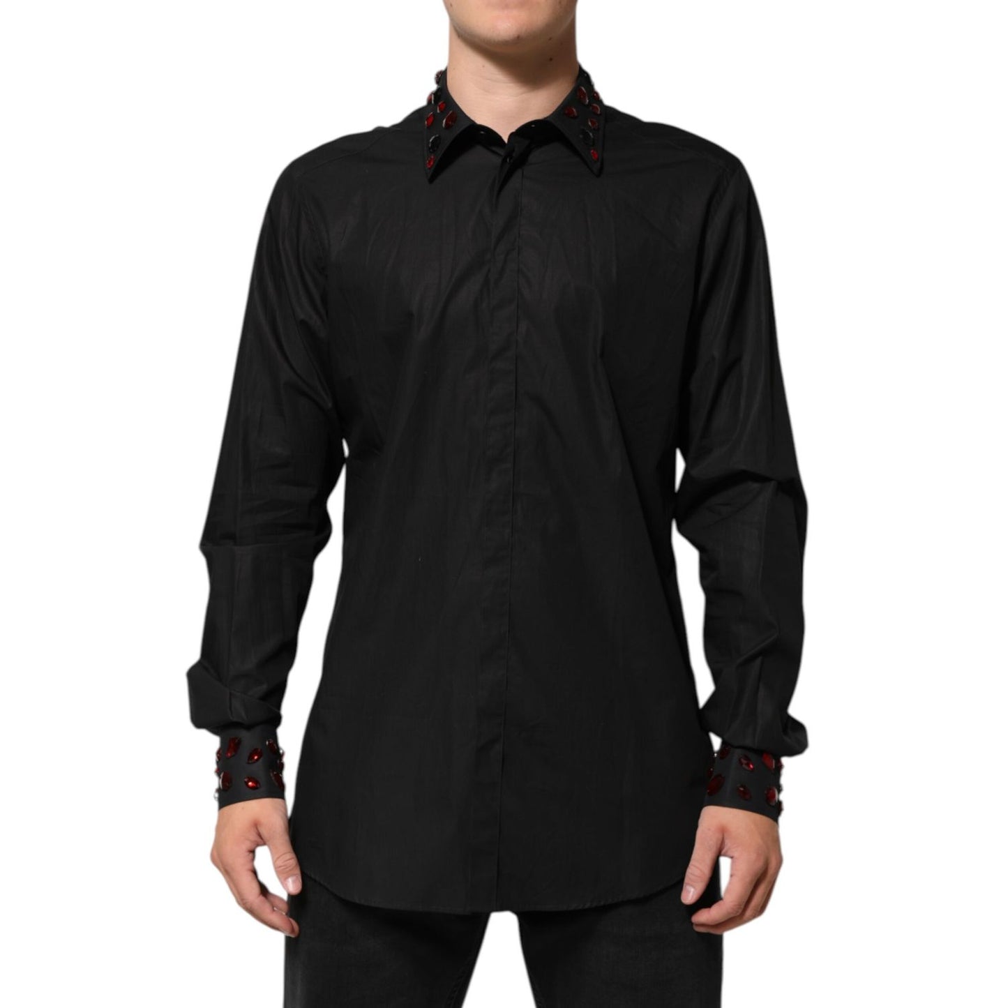 Dolce & Gabbana Black Cotton Embellished Collar Men’s Shirt with red details on collar and cuffs
