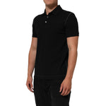 Dolce & Gabbana Black Cotton Graphic Print PoloShirt T-shirt with classic collar and button placket, worn by a model.