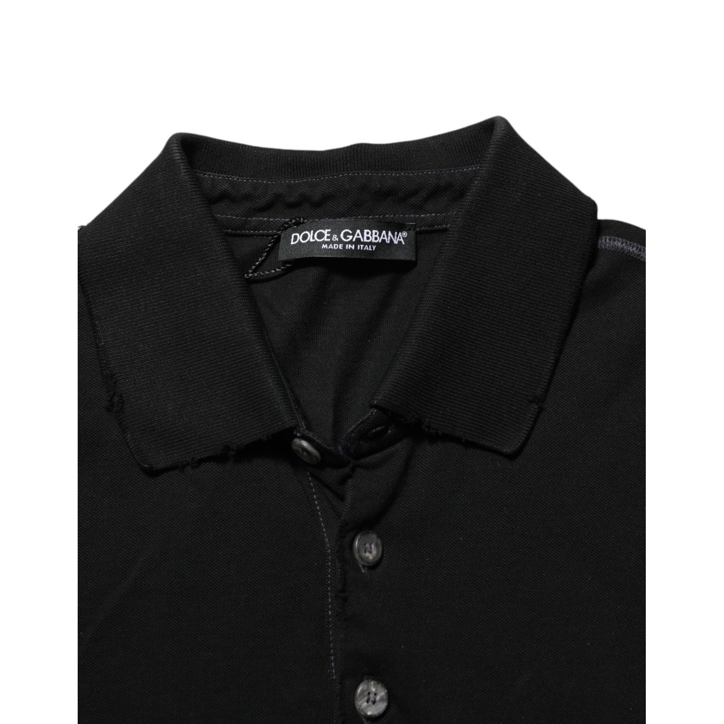 Dolce & Gabbana Black Cotton Graphic Print PoloShirt T-shirt with classic collar and button placket, close-up view.