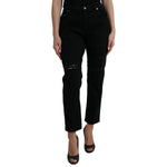 Dolce & Gabbana Black Cotton High Waist Tattered Denim Jeans with zipper closure, made in Italy, featuring exclusive craftsmanship.