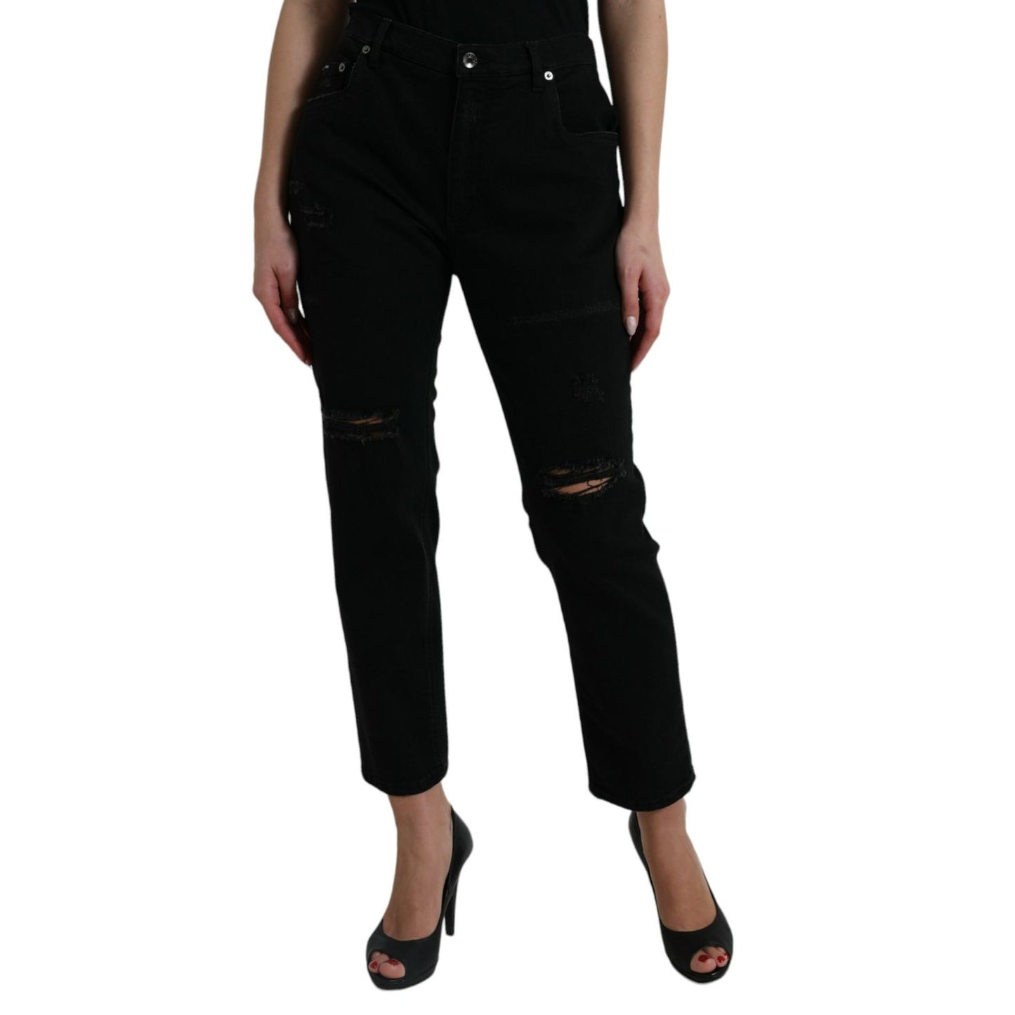 Dolce & Gabbana Black Cotton High Waist Tattered Denim Jeans on a model, showcasing high waist and tattered details.