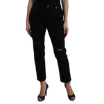 Dolce & Gabbana Black Cotton High Waist Tattered Denim Jeans on a model, showcasing high waist and tattered details.