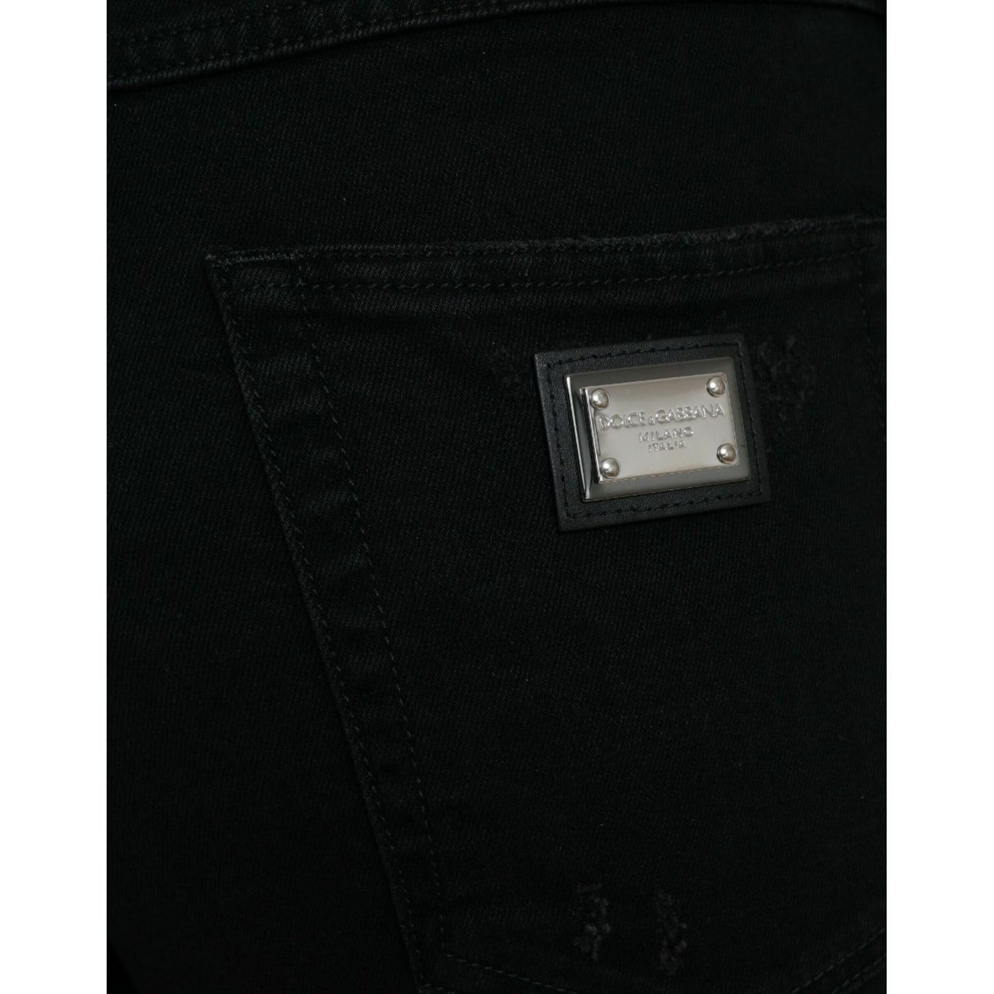 Dolce & Gabbana Black Cotton High Waist Tattered Denim Jeans back pocket logo detail.