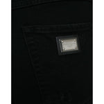 Dolce & Gabbana Black Cotton High Waist Tattered Denim Jeans back pocket logo detail.