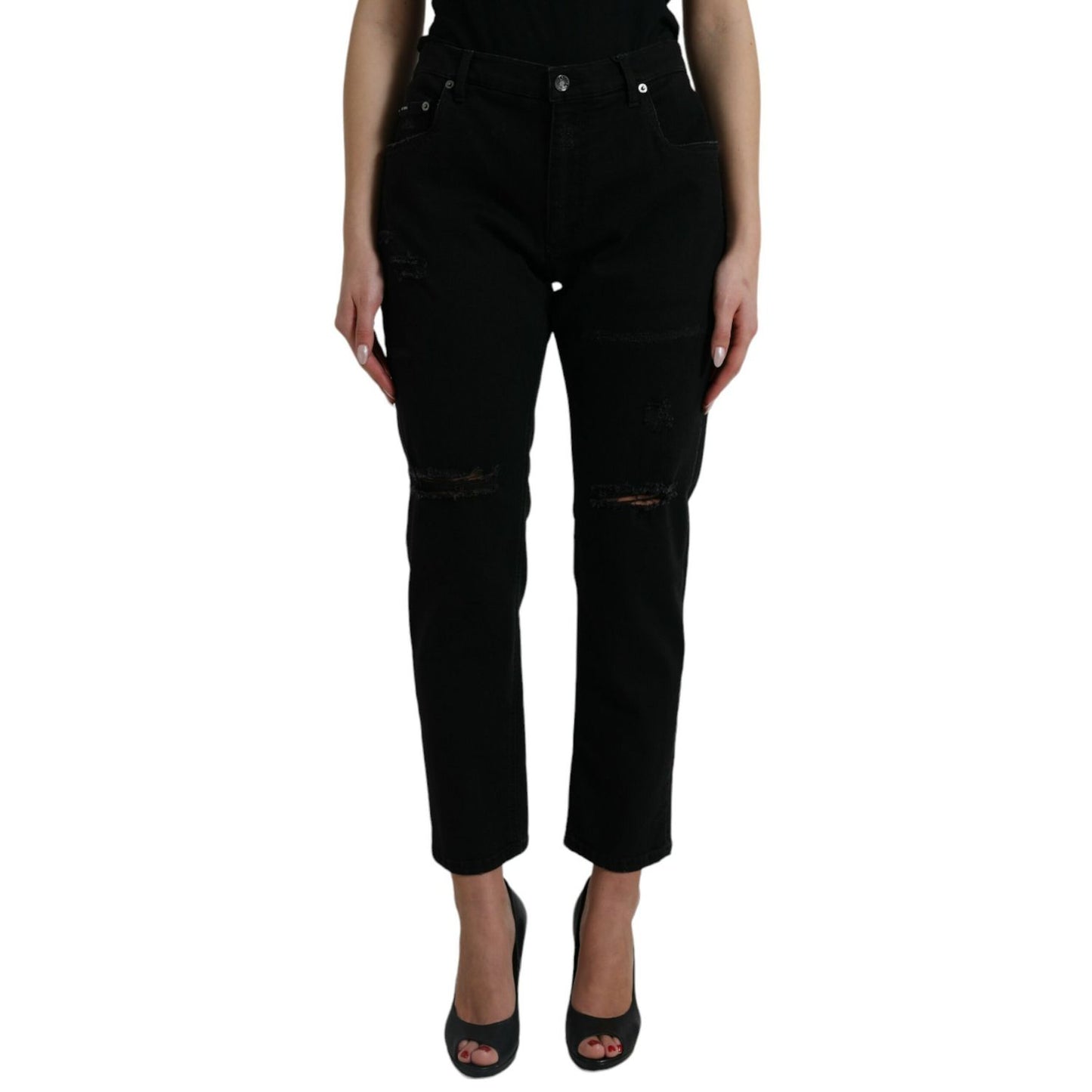 Dolce & Gabbana Black Cotton High Waist Tattered Denim Jeans featuring high waist and zipper closure, made from 98% cotton. Made in Italy.