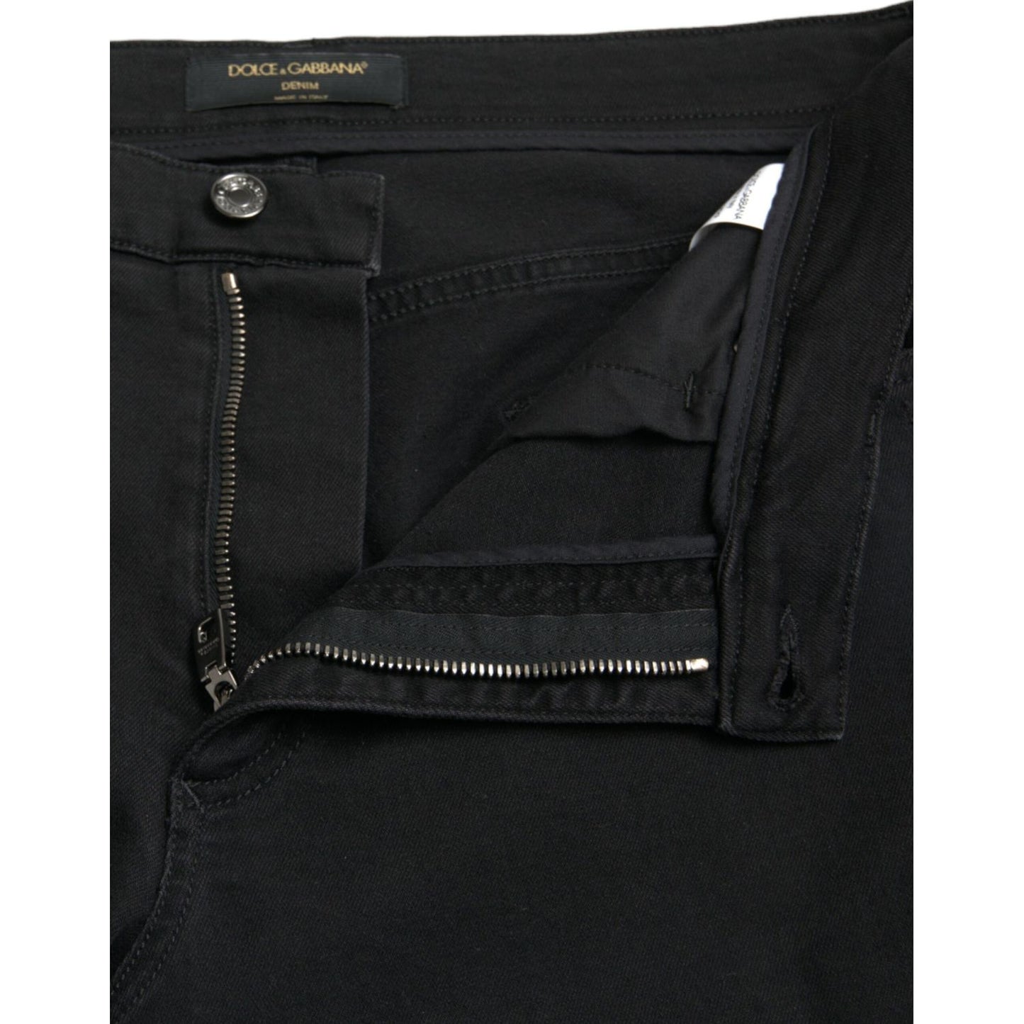 Dolce & Gabbana Black Cotton High Waist Tattered Denim Jeans with zipper closure detail