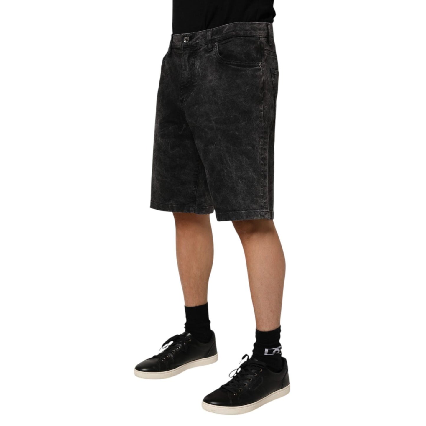 Dolce & Gabbana Black Cotton Mid Waist Denim Men Bermuda Short displayed, ideal for stylish and comfortable casual wear.