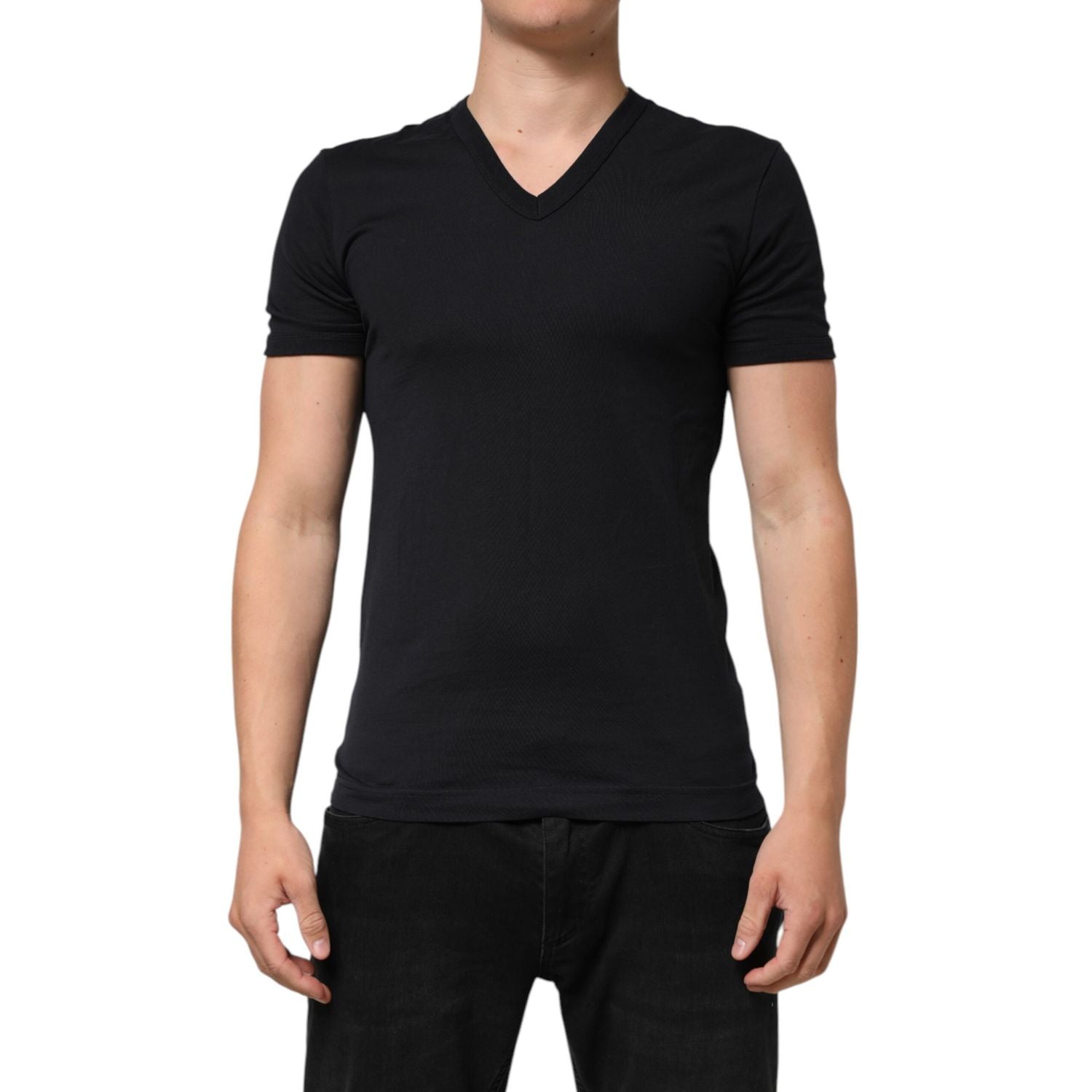 Dolce & Gabbana Black Cotton Plain V-Neck Men Shirt T-shirt