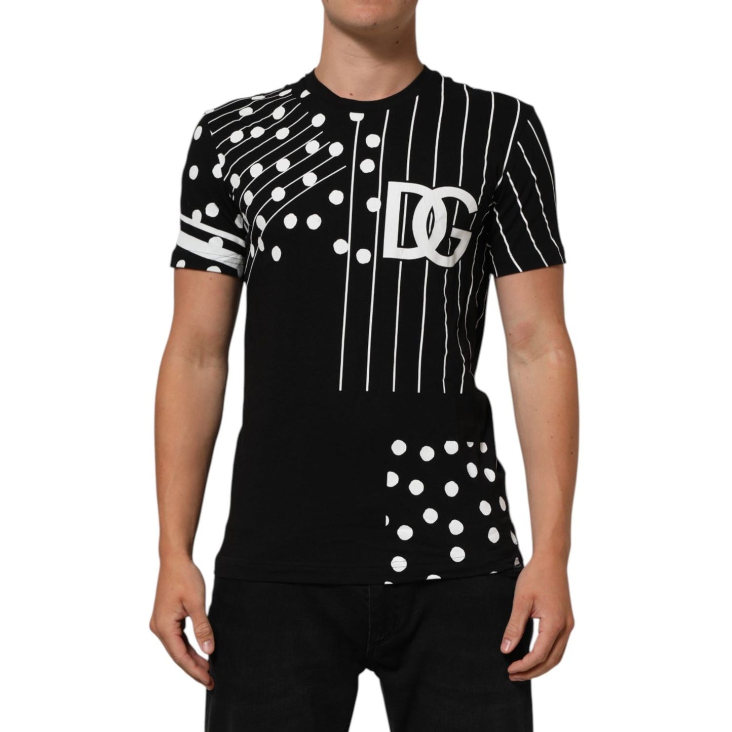 Dolce & Gabbana Black Cotton Polka Dots Round Neck T-shirt with logo design, featuring a stylish and modern look.