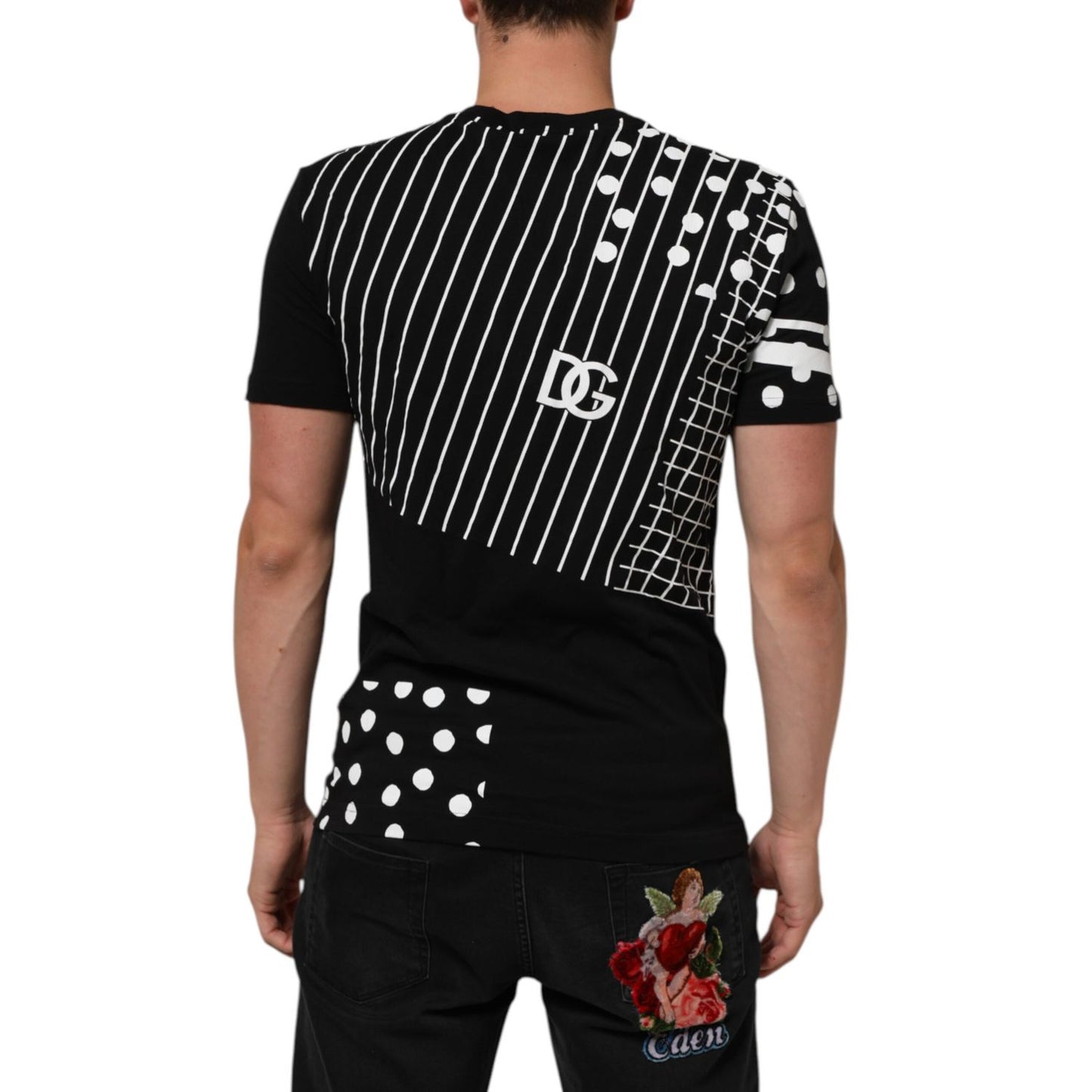 Dolce & Gabbana Black Cotton Polka Dots Round Neck T-shirt with logo and unique design on back view.