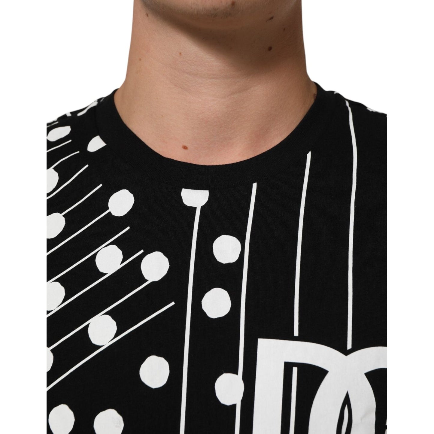 Dolce & Gabbana Black Cotton Polka Dots Round Neck T-shirt with white design details.