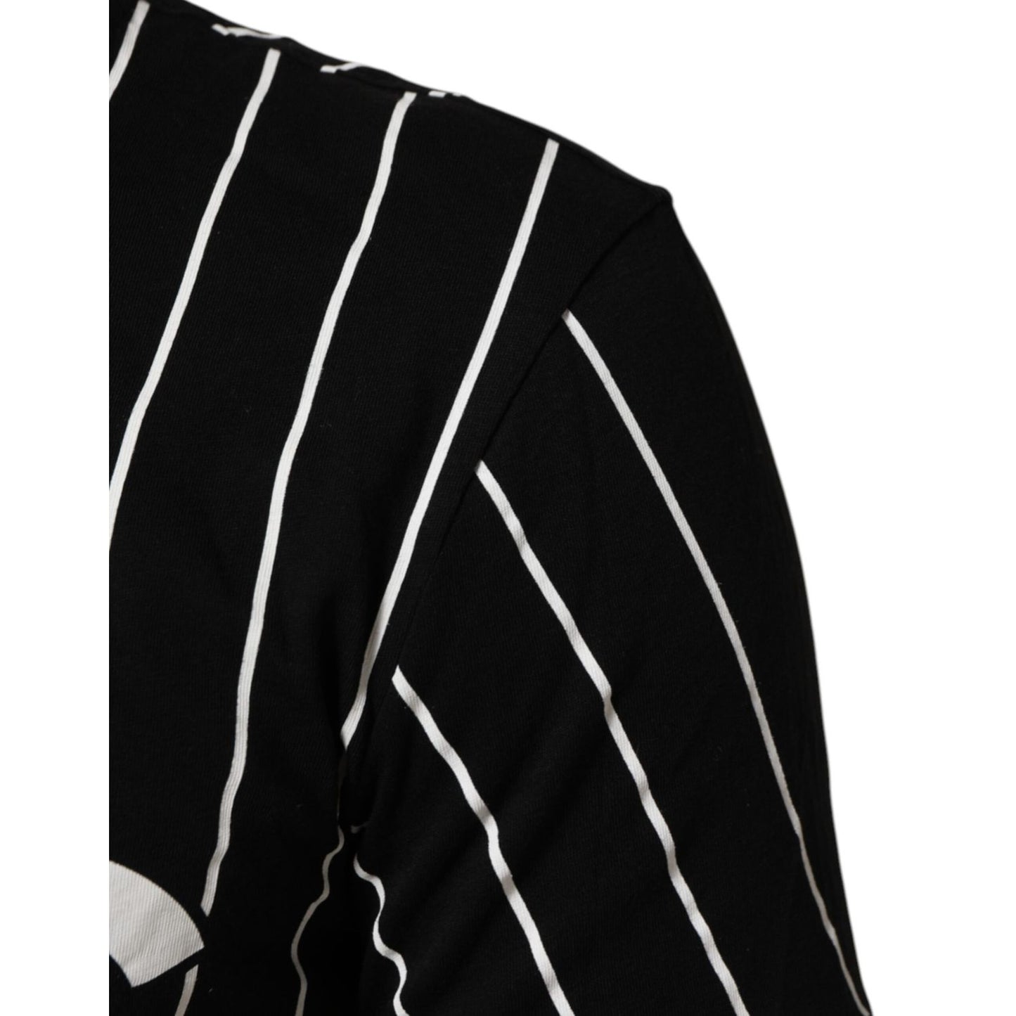 Close-up of Dolce & Gabbana Black Cotton Polka Dots Round Neck T-shirt with striped design.