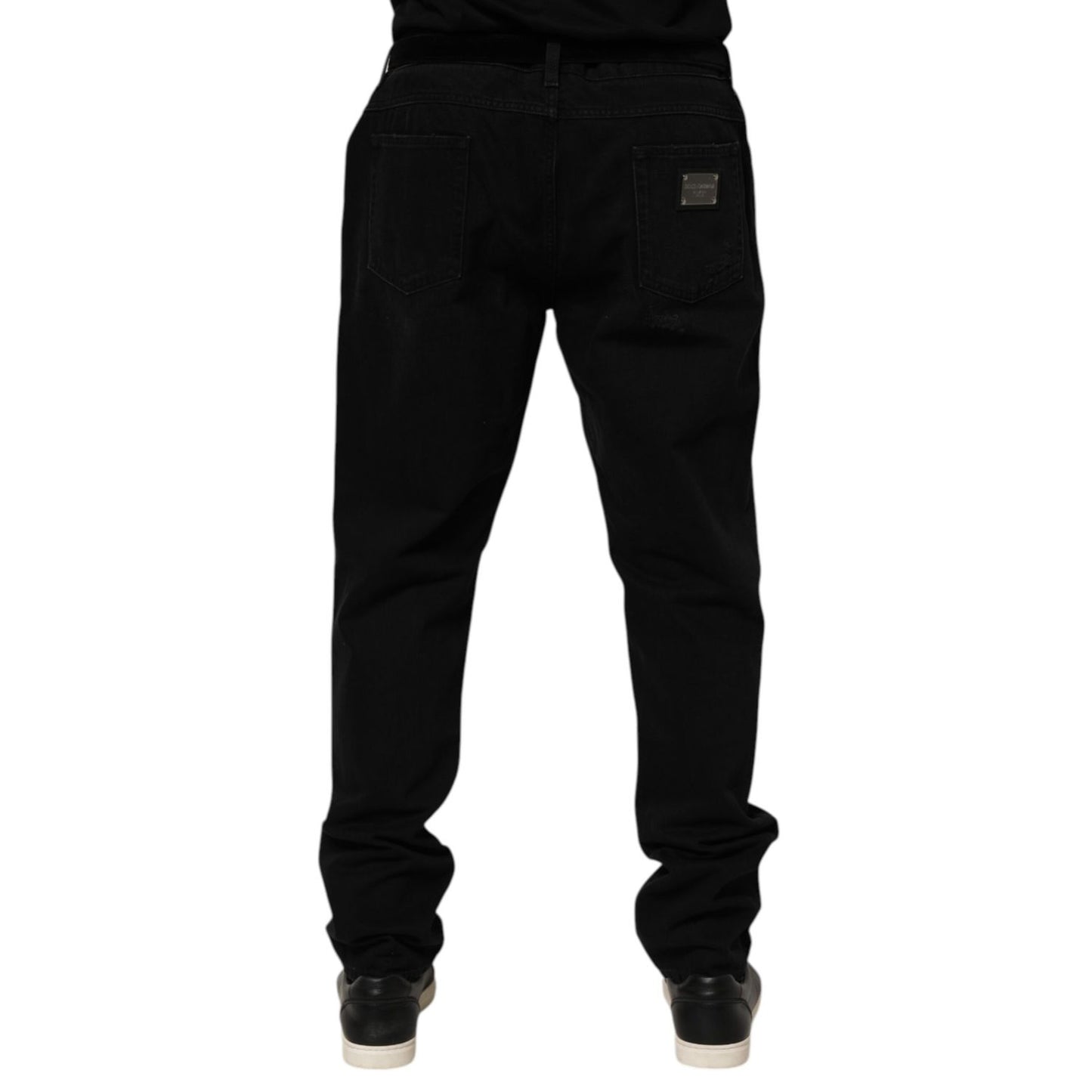 Rear view of Dolce & Gabbana Black Cotton Regular Denim Men Trouser Jeans showing classic design and premium material.