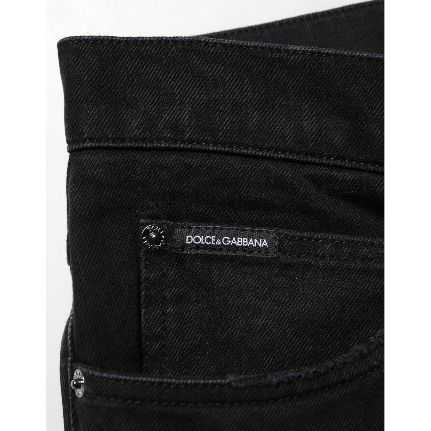 Close-up of Dolce & Gabbana Black Cotton Regular Denim Men Trouser Jeans with classic five-pocket design.