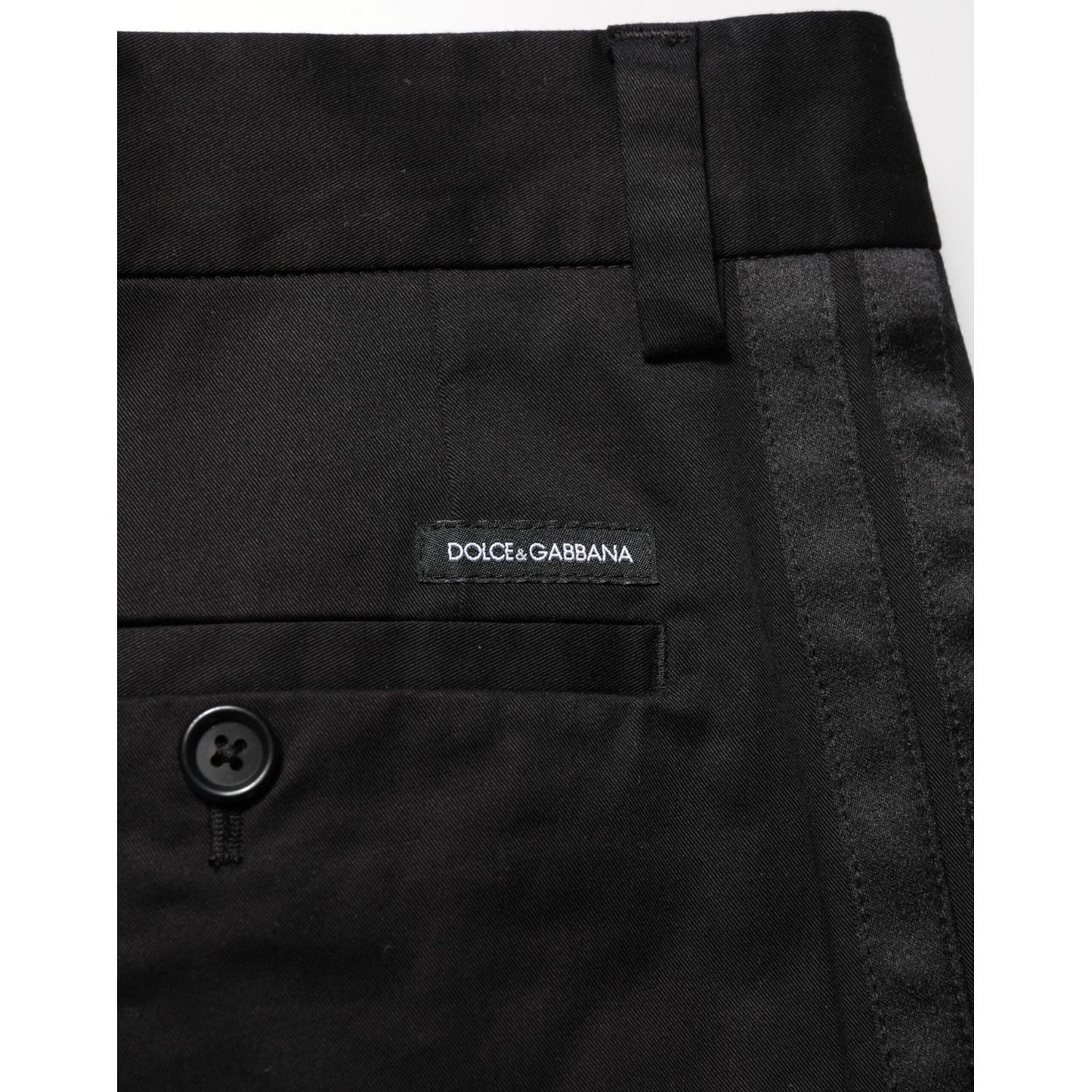 Dolce & Gabbana Black Cotton Stretch Casual Trouser Pants close-up with button detail.
