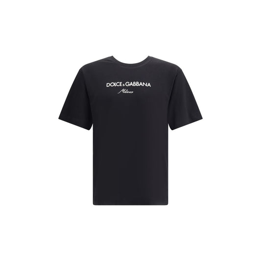 Dolce & Gabbana Black Cotton T-Shirt with embroidered logo and double collar, contemporary style for AW25, 100% cotton, ribbed crew neck.