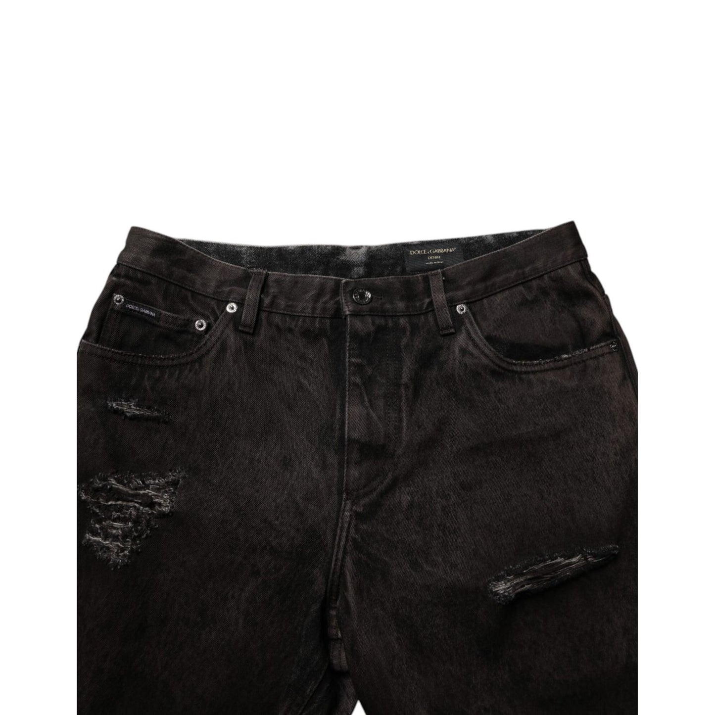 Dolce & Gabbana Black Cotton Tattered Denim Men Bermuda Short with distressed detailing and regular fit, perfect for street style.