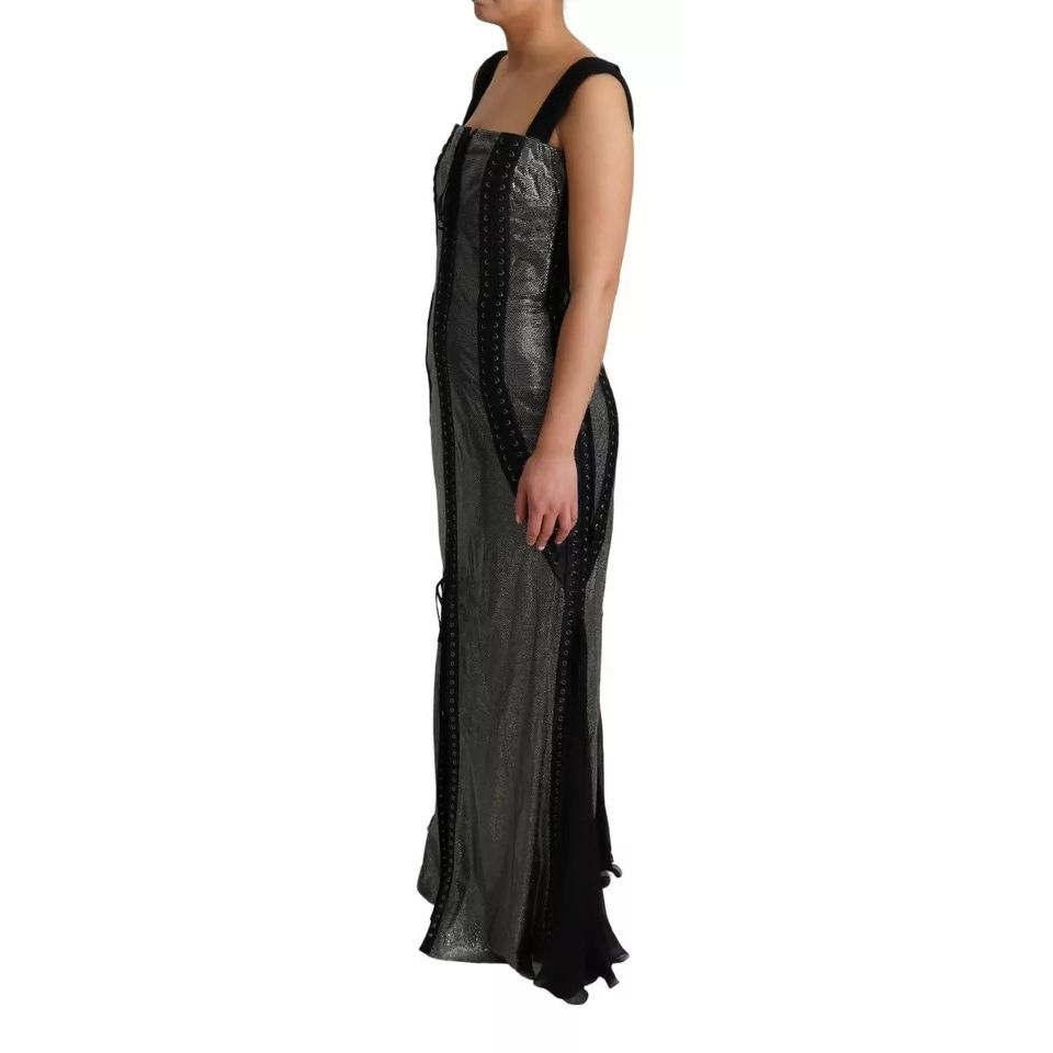 Dolce & Gabbana Black Crystals Lace Up Runway Gown Dress in black and grey with zipper closure, side view on mannequin.