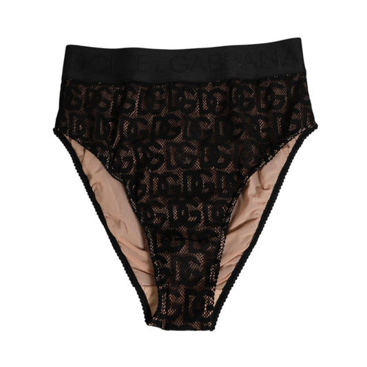 Dolce & Gabbana Black DG Logo Lace High Brief Panty Underwear with lace pattern and elastic waistband.