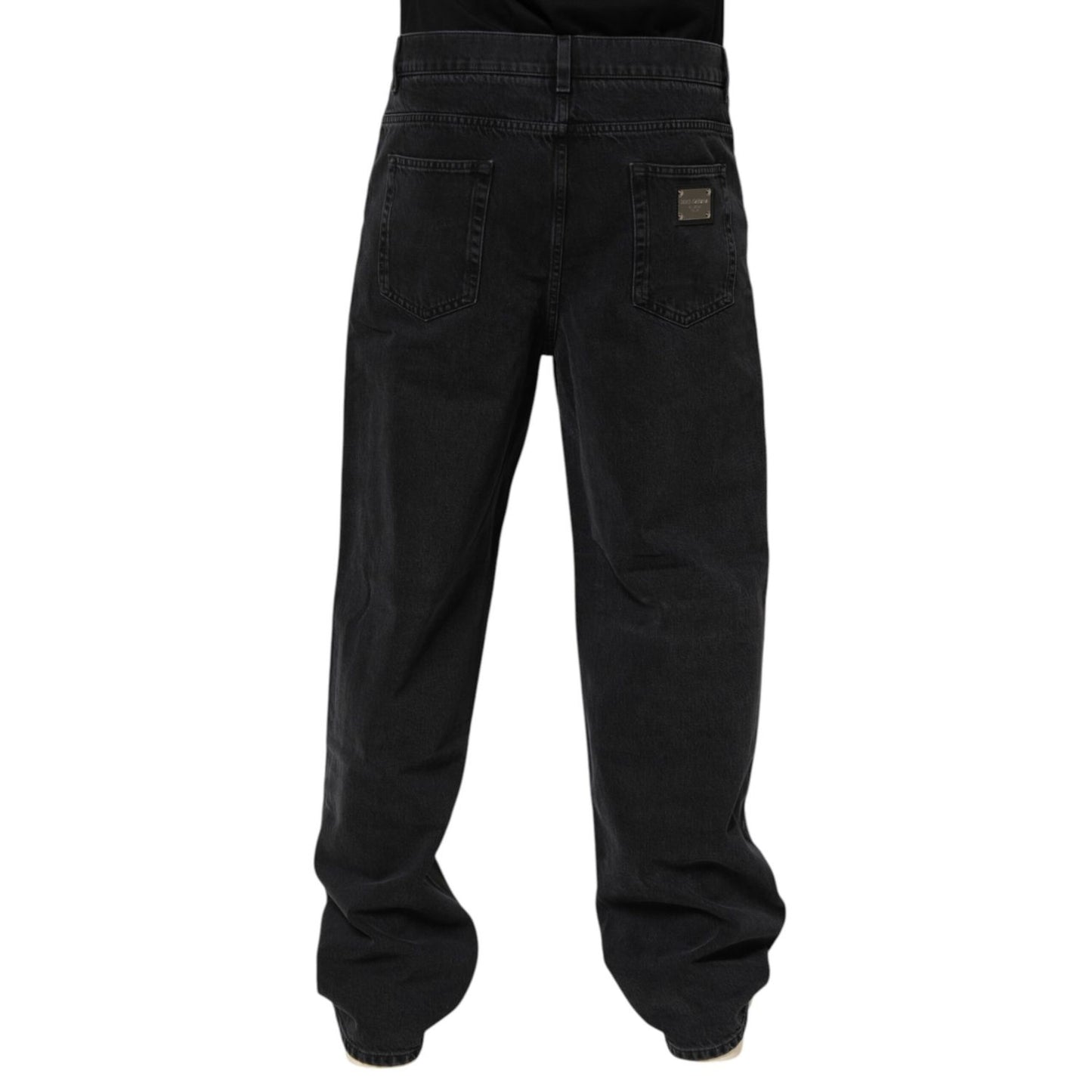 Dolce & Gabbana Black Denim Wide Leg Relaxed Fit Pants Jeans, back view with luxury logo plaque