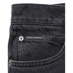 Close-up of Dolce & Gabbana Black Denim Wide Leg Relaxed Fit Pants Jeans with logo plaque on pocket.