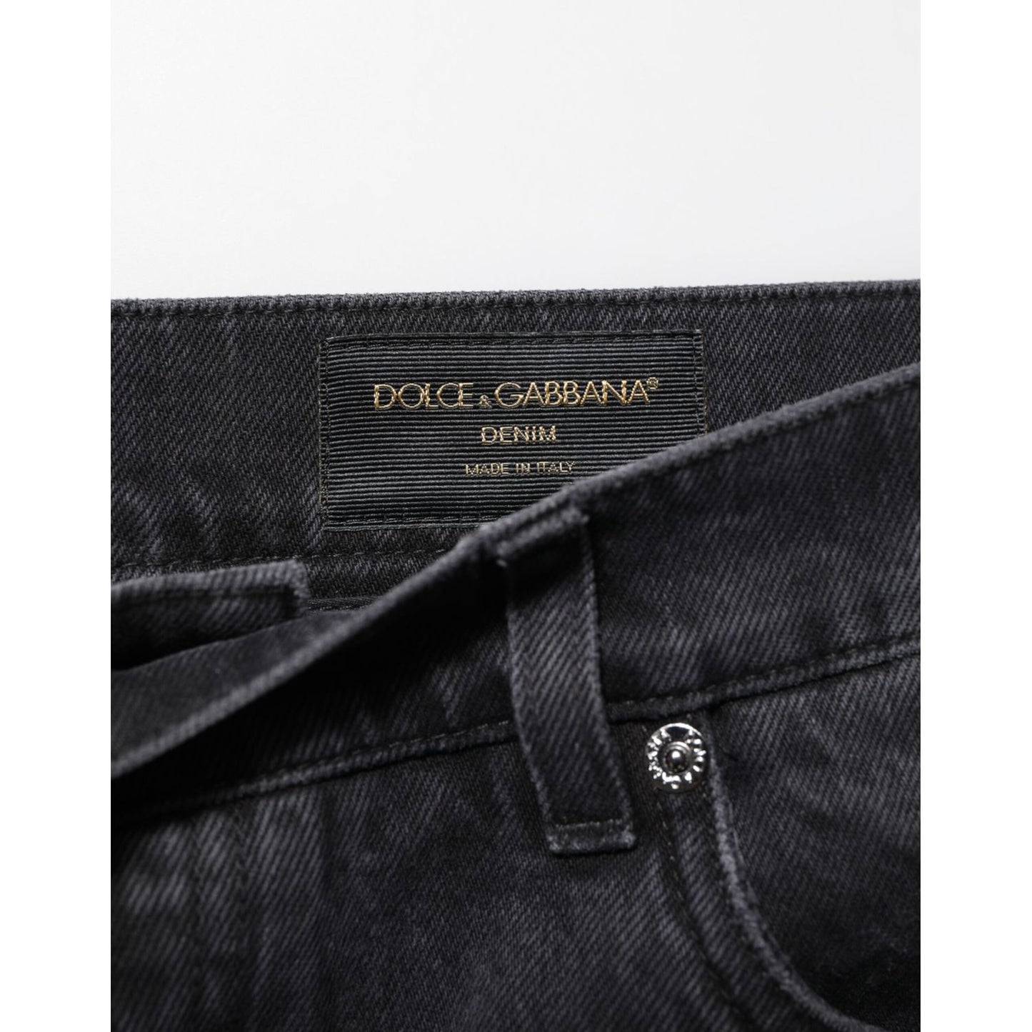 Close-up of Dolce & Gabbana Black Denim Wide Leg Relaxed Fit Pants Jeans waistband with Dolce & Gabbana logo.