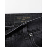 Close-up of Dolce & Gabbana Black Denim Wide Leg Relaxed Fit Pants Jeans waistband with Dolce & Gabbana logo.