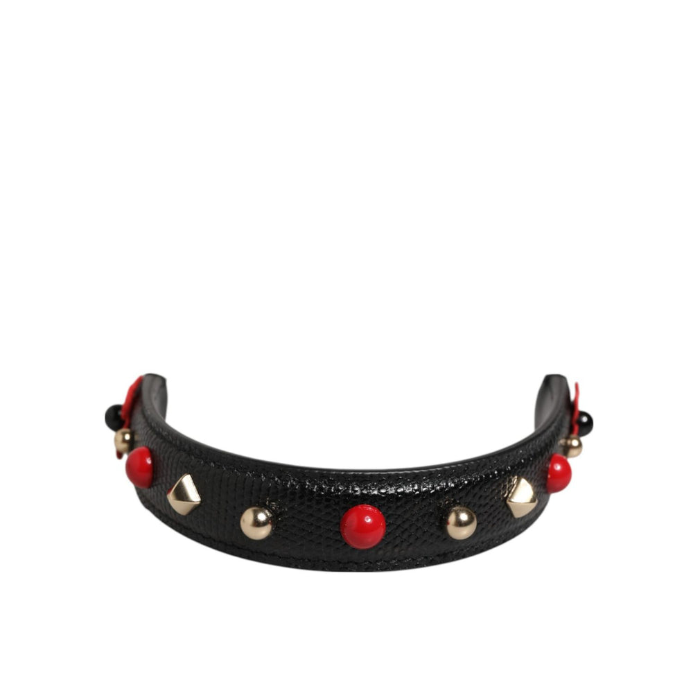 Dolce & Gabbana Black Embellished Leather Bag Handle Women Shoulder Strap with red and gold accents