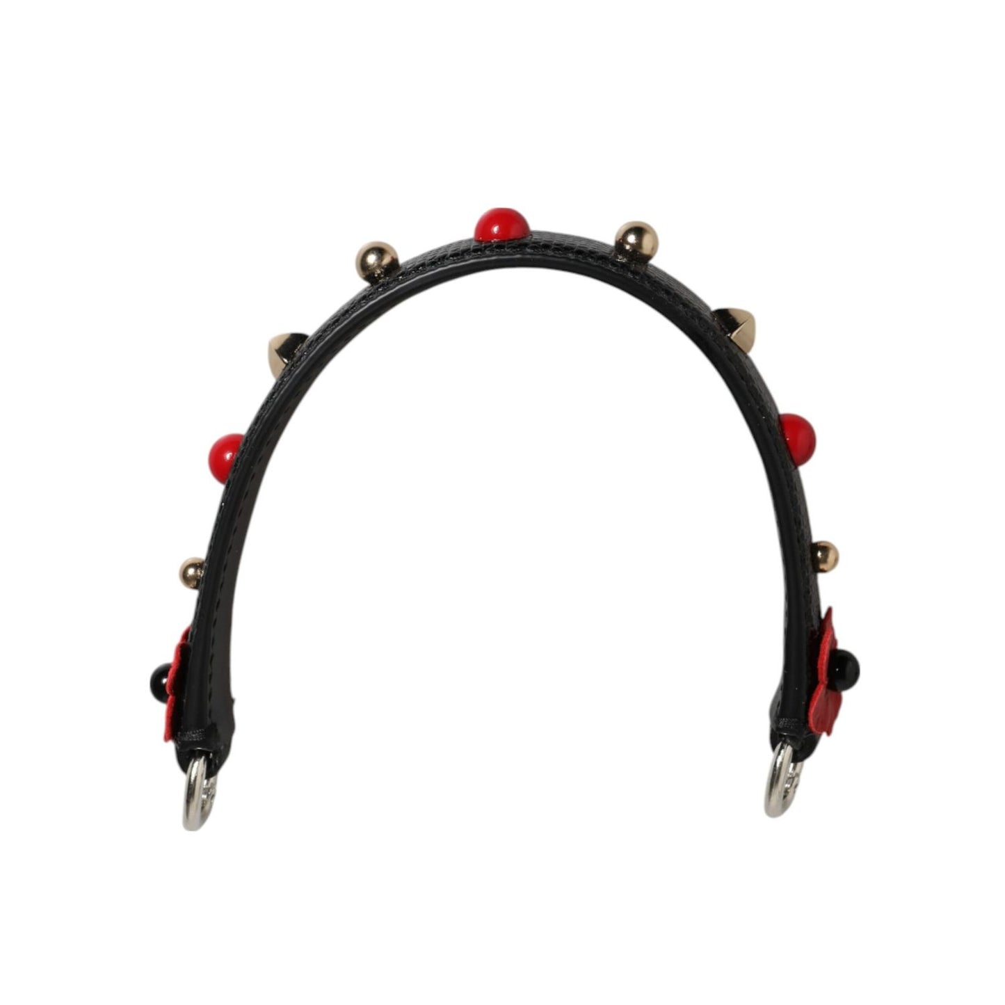 Dolce & Gabbana Black Embellished Leather Bag Handle Women Shoulder Strap with red and gold studs.