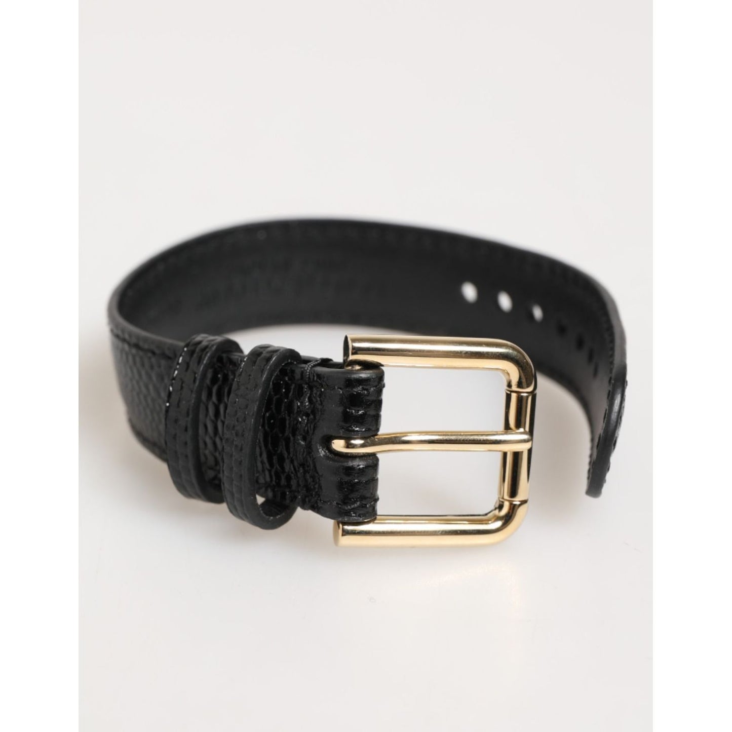 Dolce & Gabbana Black Embossed Leather Gold Buckle Belt Strap Bracelet featuring polished gold-tone buckle.