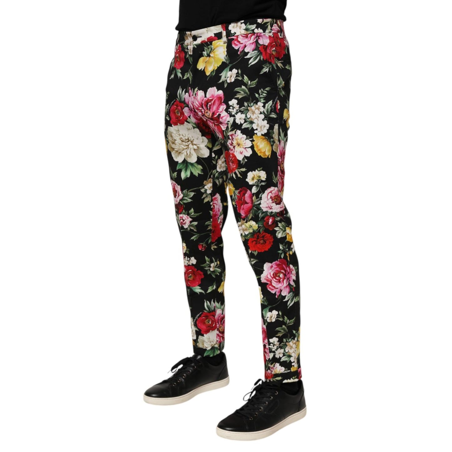 Dolce & Gabbana Black Floral Cotton Dress Formal Trouser Pants with elegant floral pattern and modern fit, perfect for upscale gatherings.