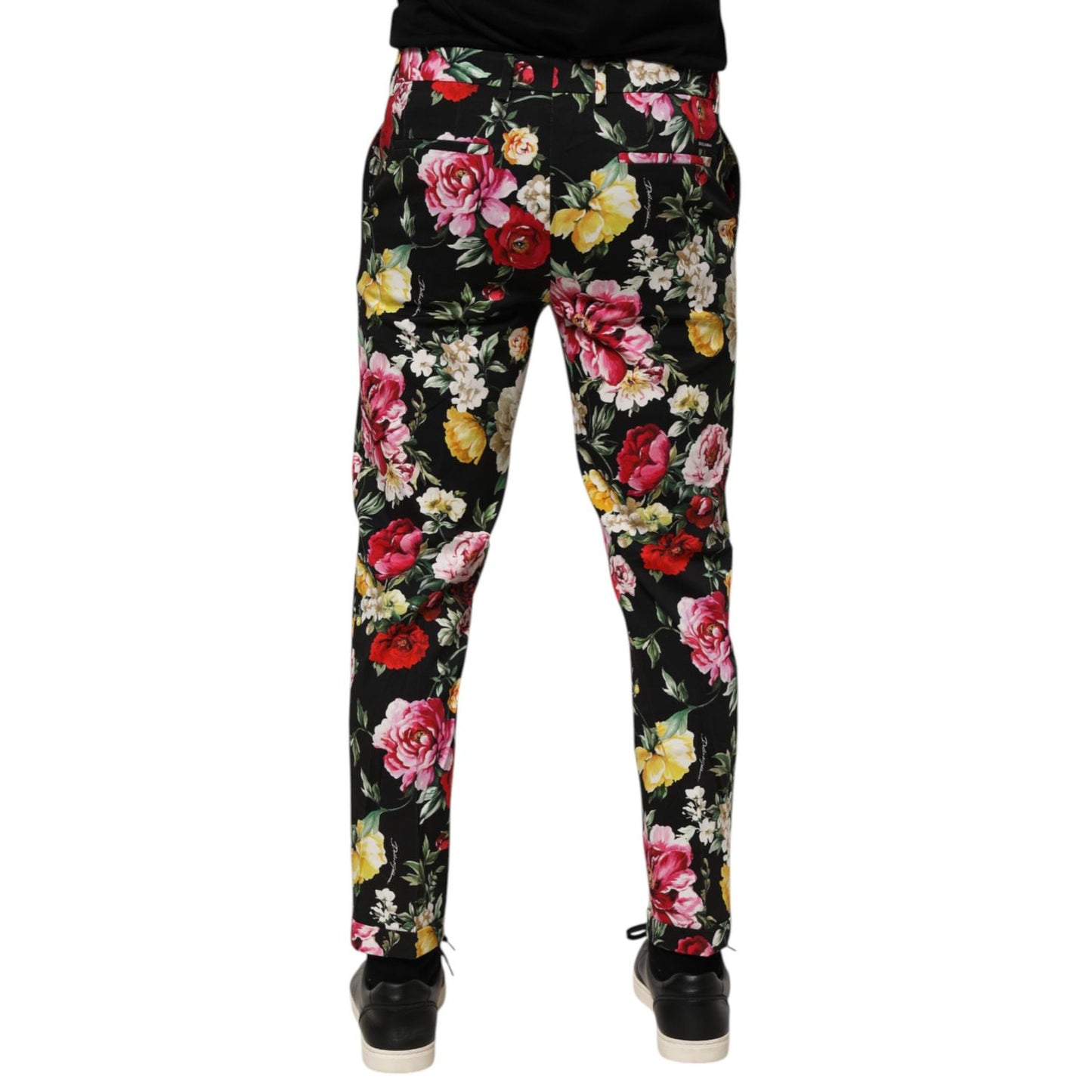 Dolce & Gabbana Black Floral Cotton Dress Formal Trouser Pants with vibrant floral pattern, elegant fit, and side pockets
