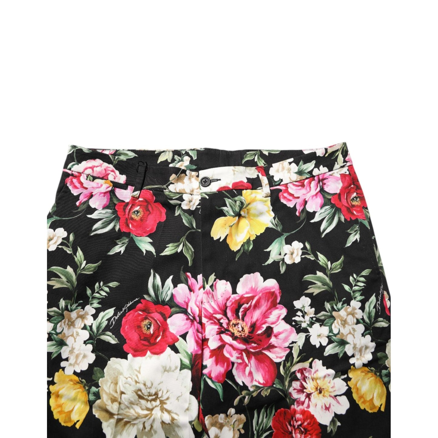 Dolce & Gabbana Black Floral Cotton Dress Formal Trouser Pants with elegant floral pattern, modern fit, and zip-button closure.