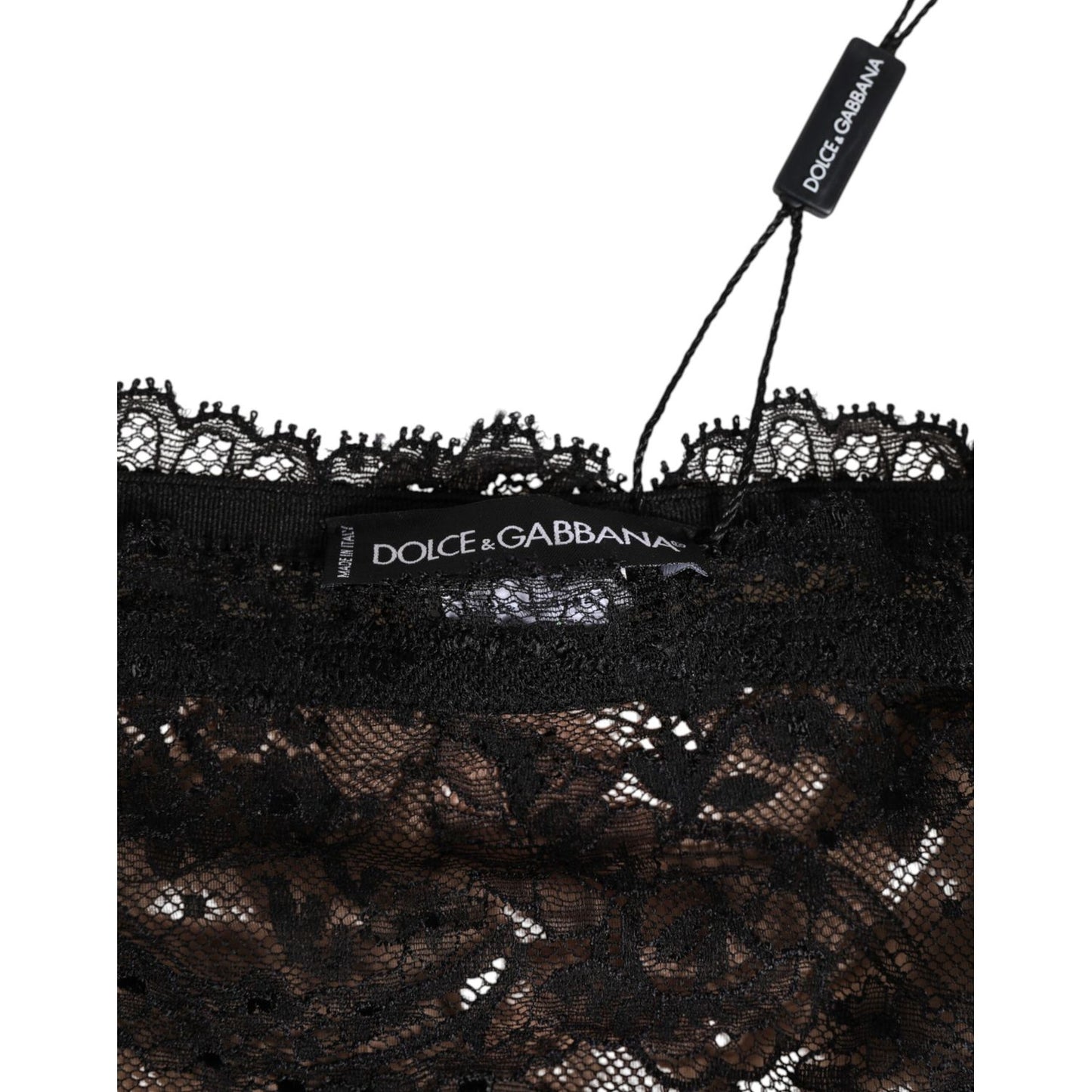 Dolce & Gabbana Black Floral Lace Mesh High Brief Panty Underwear showcasing intricate lace details and logo tag close-up.