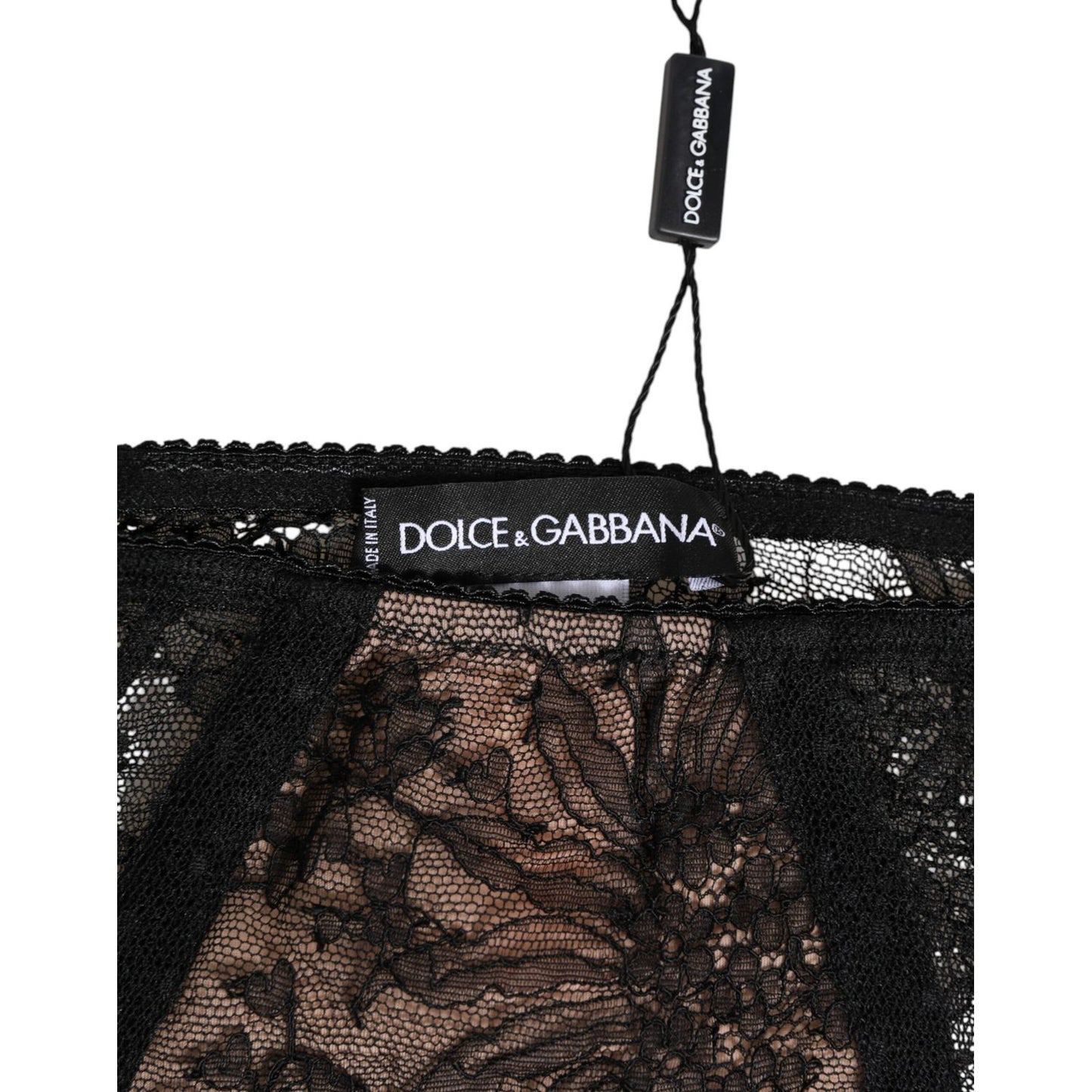 Dolce & Gabbana Black Floral Lace Sheer Mesh High Waist Underwear with brand tag showcasing premium craftsmanship.