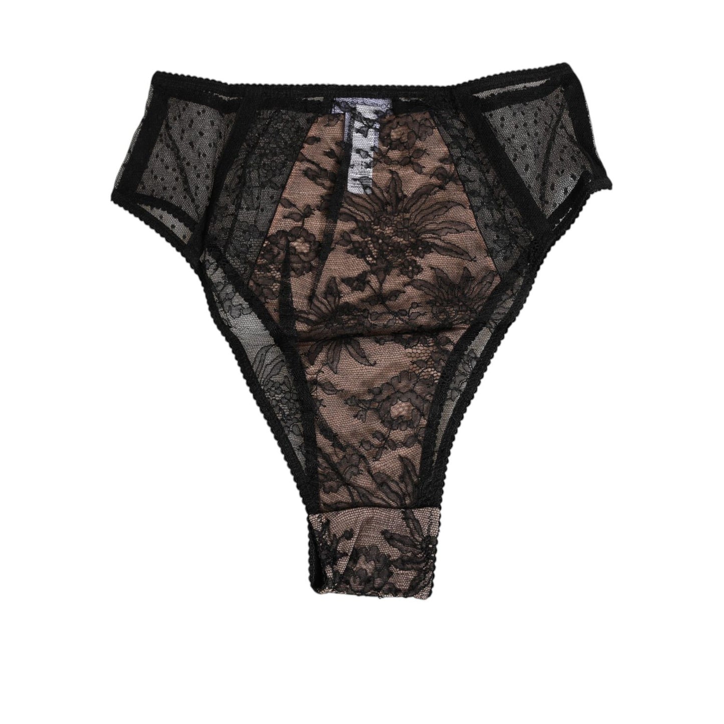 Dolce & Gabbana Black Floral Lace Sheer Mesh High Waist Underwear with embroidered detailing, premium Italian craftsmanship.