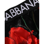 Dolce & Gabbana Black Floral Print High Waist Sheer Mesh Underwear with red poppy design and logo waistband close-up.