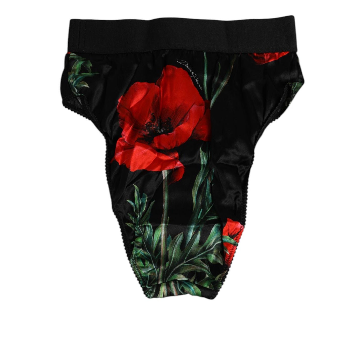Dolce & Gabbana Black Floral Print High Waist Sheer Mesh Underwear with red poppy design and logo waistband.