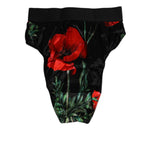 Dolce & Gabbana Black Floral Print High Waist Sheer Mesh Underwear with red poppy design and logo waistband.