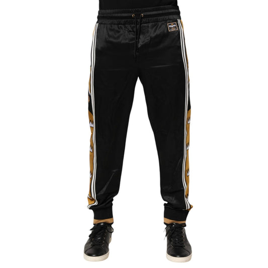 Dolce & Gabbana Black Gold Satin Crown Side Stripe Jogger Pants with embroidered motifs