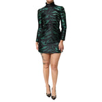 Dolce & Gabbana Black Green Metallic Jacquard Mini Long Dress with long sleeves and high neckline, elegant for evening occasions.