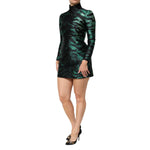 Dolce & Gabbana Black Green Metallic Jacquard Mini Long Dress with high neckline and long sleeves